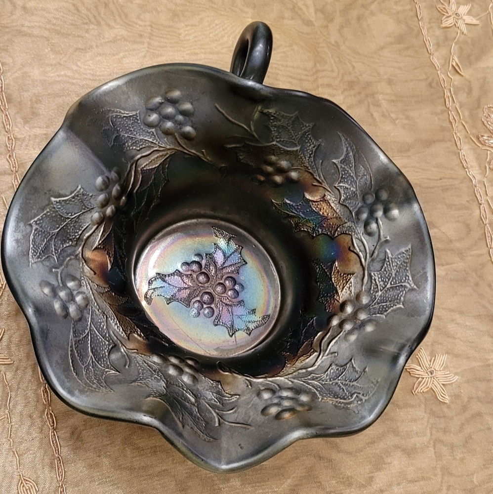 Antique Dugan Amethyst Holly Berry Carnival Glass Gravy Boat Bowl Handled